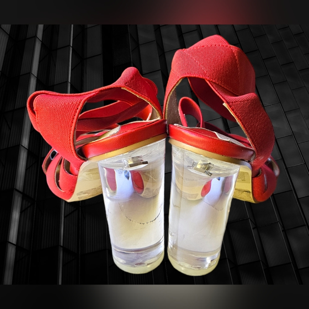 Leith Clear Block Acrylic Heel Red Sandals Elastic Ankle Strap 6 M - Picture 2 of 6